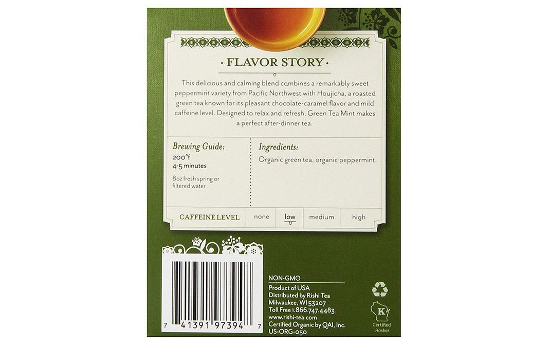 Rishi Tea Organic Green Tea, Mint   Box  15 pcs